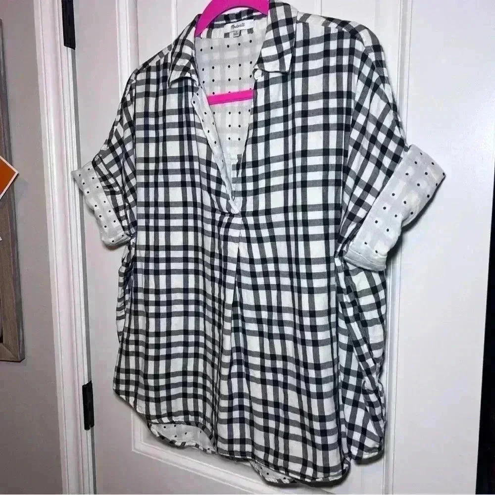 Madewell Black Cream Gingham Polka Dot Button-Down Back Tunic Size Medium - Picture 4 of 10